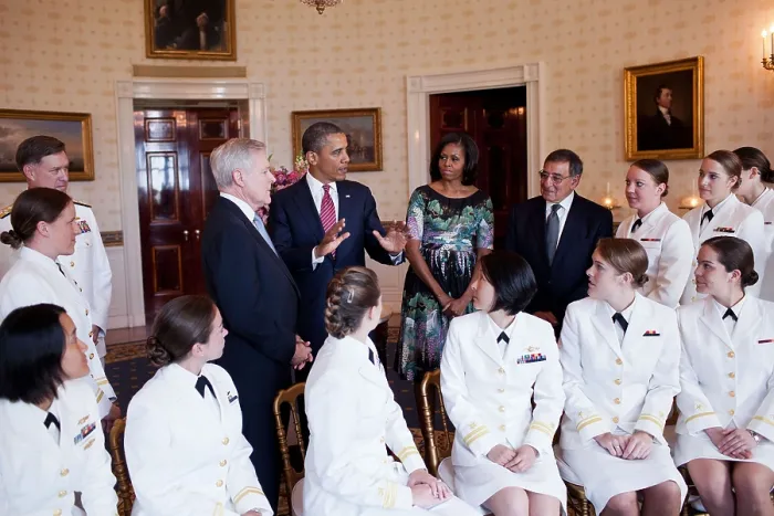 Framed Print : President Barack and Michelle Obama greet the U.S. Navy's first contingent of women submariners