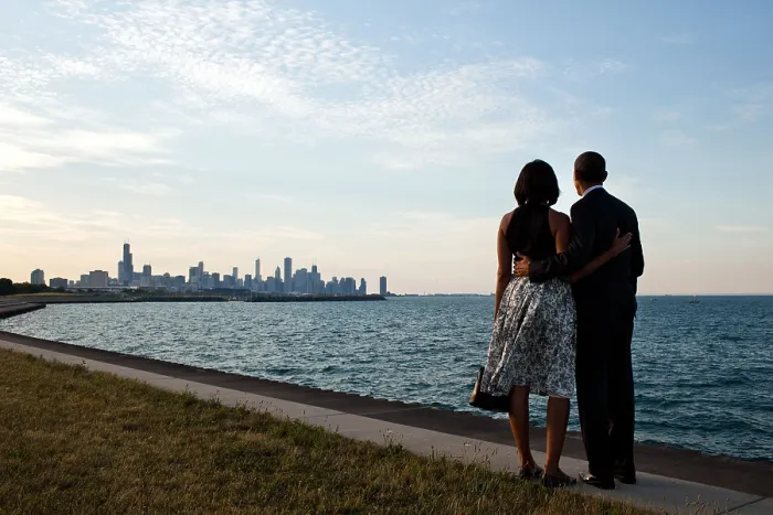 Framed Print : President Barack and Michelle Obama look at the Chicago skyline, June 15, 2012