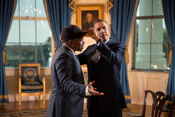 Framed Print : President Barack Obama adjusts Sway Calloway's hat in the Blue Room of the White House. The President gave an interview for a Live MTV special. Oct