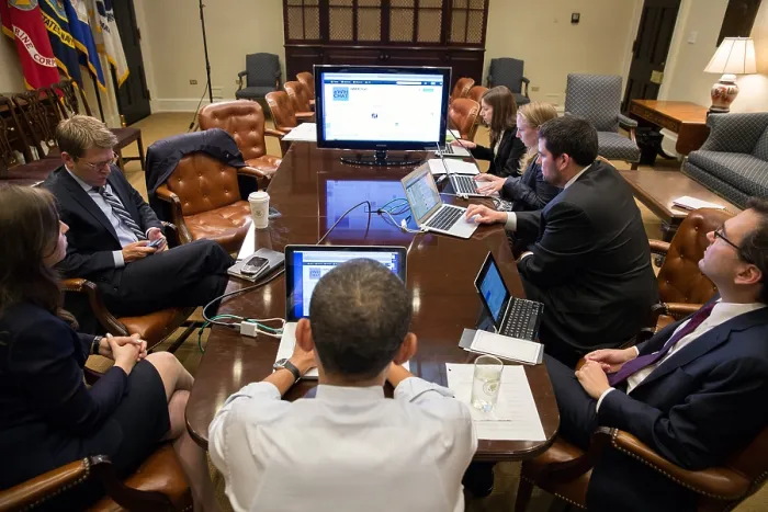 Framed Print : President Barack Obama (center, back to camera) in a live Twitter question and answer session. Roosevelt Room of the White House, Dec. 3, 2012. (BSLOC_2015_13_150) Framed Print : President Barack Obama (center, back to camera) in a live Twitter question and answer session. Roosevelt Room of the White House, Dec. 3, 2012. (BSLOC_2015_13_150)