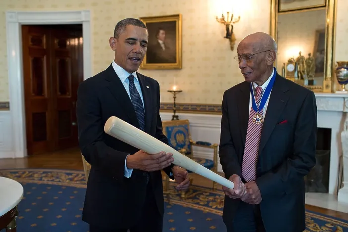 Framed Print : President Barack Obama with Ernie Banks, Nov. 20, 2013. Banks was one of the first African Americans to play in Major League Baseball when he joined the Chicago Cubs in 1953 Framed Print : President Barack Obama with Ernie Banks, Nov. 20, 2013. Banks was one of the first African Americans to play in Major League Baseball when he joined the Chicago Cubs in 1953