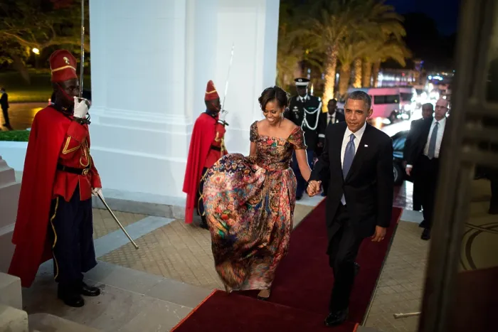 Framed Print : President Barack Obama and First Lady Michelle Obama arrive at the Presidential Palace, Dakar, Senegal. June 27, 2013. (BSLOC_2015_3_202)