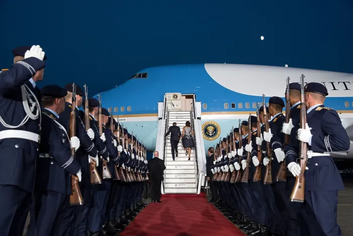 Framed Print : President Barack Obama and First Lady Michelle Obama departing Berlin, Germany. June 19, 2013. A 25 man honor guard lines their path at U.S