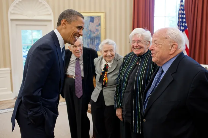 Framed Print : President Barack Obama greets 2010 Fermi Award recipients in the Oval Office, May 7, 2012. From right: Dr. Burton Richter and his wife Laurose; Dr. Mildred S