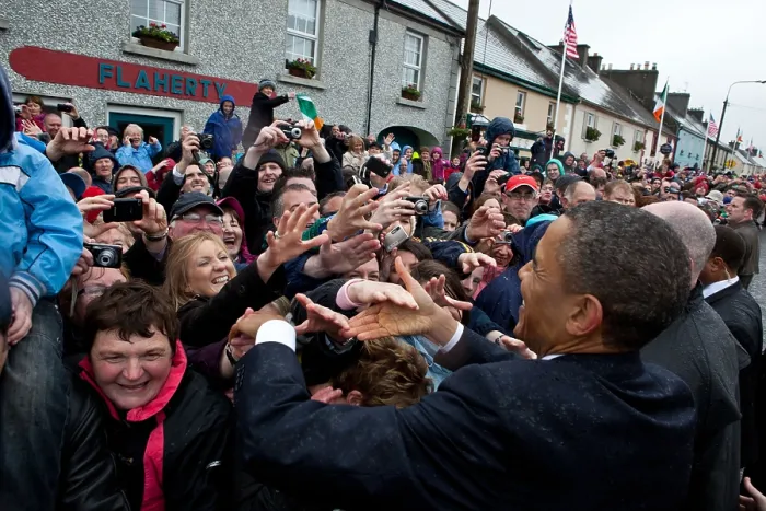 Framed Print : President Barack Obama greets local residents on Main Street in Moneygall, Ireland, May 23, 2011. (BSLOC_2015_3_175)