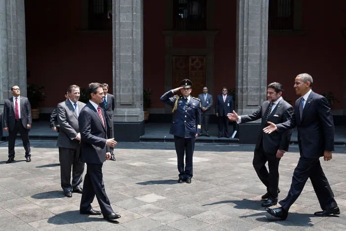Framed Print : President Barack Obama greets Mexican President Enrique Pena Nieto. Palacio Nacional in Mexico City, Mexico, May 2, 2013. (BSLOC_2015_3_189)