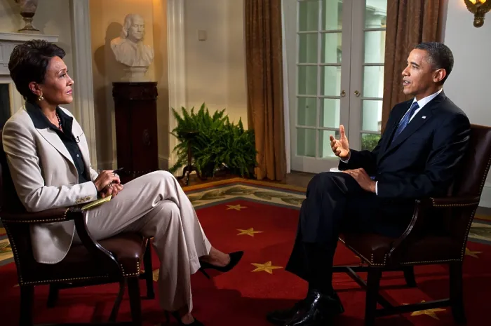 Framed Print : President Barack Obama interviewed by Robin Roberts of ABC's Good Morning America TV show. Cabinet Room of the White House, May 9, 2012. (BSLOC_2015_3_104)