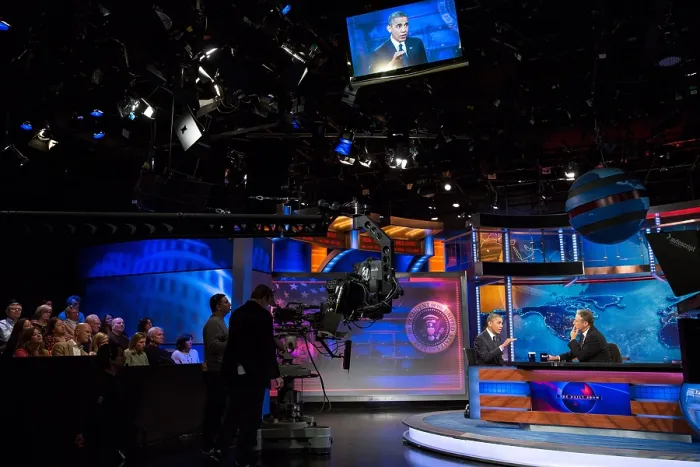 Framed Print : President Barack Obama interviewed during a taping of The Daily Show with Jon Stewart'. Comedy Central Studios in New York, Oct. 18, 2012. (BSLOC_2015_3_112)