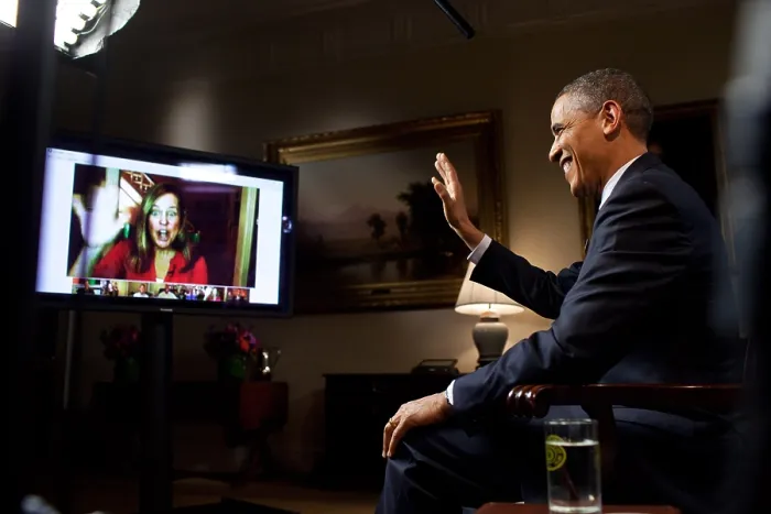 Framed Print : President Barack Obama is interviewed via YouTube and Google+ at the White House. He discussed his State of the Union address from the Roosevelt Room. Jan. 30, 2012