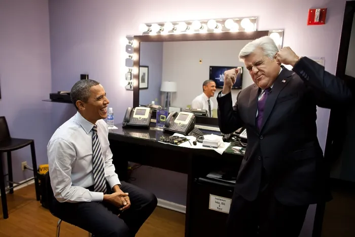 Framed Print : President Barack Obama and Jay Leno joke backstage at NBC Studios in Burbank, Calif. Oct. 25, 2011. (BSLOC_2015_3_108)