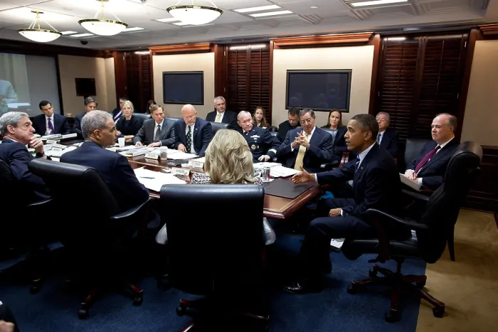 Framed Print : President Barack Obama meets with members of his National Security team in the Situation Room. White House, Oct. 11, 2011