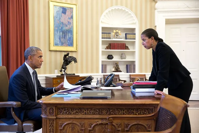 Framed Print : President Barack Obama meets with National Security Advisor Susan Rice in the Oval Office. Feb. 10, 2015. (BSLOC_2015_13_273)