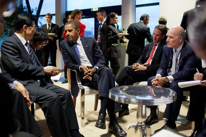 Framed Print : President Barack Obama meets with President Hu Jintao of China, at the G20 Summit. Treasury Secretary Timothy Geithner and Chief of Staff Bill Daley are at right Framed Print : President Barack Obama meets with President Hu Jintao of China, at the G20 Summit. Treasury Secretary Timothy Geithner and Chief of Staff Bill Daley are at right