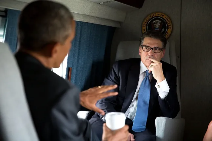 Framed Print : President Barack Obama meets with Texas Gov. Rick Perry on Marine One from Fort Worth to Dallas. July 9, 2014