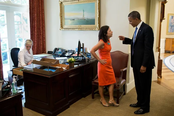 Framed Print : President Barack Obama with Nancy-Ann DeParle, Deputy Chief of Staff for Policy. June 28, 2012