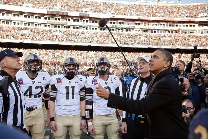 Framed Print : President Barack Obama performs the coin toss before the annual Army vs. Navy football game. Landover, Md. Saturday, Dec. 10, 2011. (BSLOC_2015_3_135)