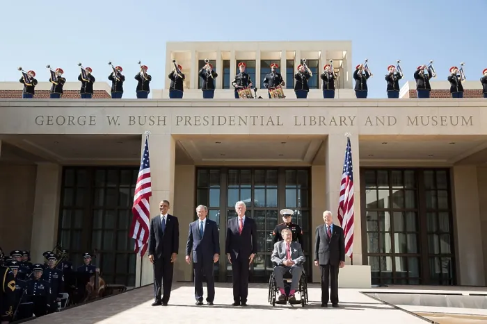 Framed Print : President Barack Obama poses with former Presidents, April 25, 2013. L-R: Barack Obama; George W. Bush; Bill Clinton; George H.W. Bush; Jimmy Carter