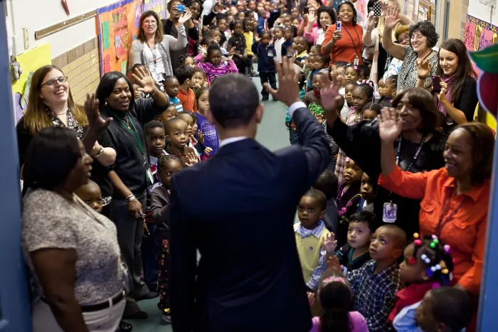 Framed Print : President Barack Obama says goodbye to students at the Yeadon Regional Head Start Center, Penn. Nov. 8, 2011. (BSLOC_2015_13_148)