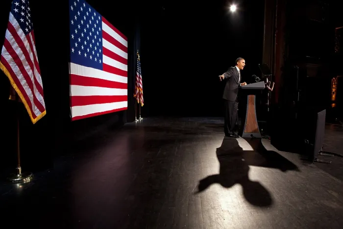 Framed Print : President Barack Obama speaks at the Apollo Theater in New York City, Jan. 19, 2012. He appeared at a campaign fundraising concert headlined by Al Green and India Arie