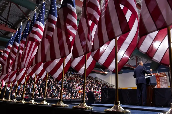 Framed Print : President Barack Obama speaks on immigration reform in Las Vegas, Nev. Jan. 29, 2013. He spoke in front of a display of American flags at Del Sol High School. (BSLOC_2015_3_16)