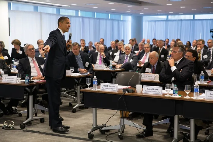Framed Print : President Barack Obama takes questions at the quarterly meeting of the Business Roundtable. The group is mostly white men, with only a few women or African Americans attendees Framed Print : President Barack Obama takes questions at the quarterly meeting of the Business Roundtable. The group is mostly white men, with only a few women or African Americans attendees