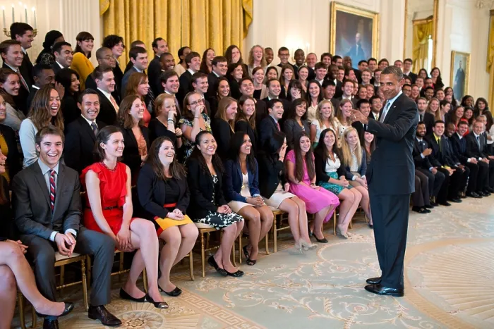 Framed Print : President Barack Obama talks to the 2012 Summer White House intern class. East Room of the White House, Aug. 7, 2012. (BSLOC_2015_3_18)