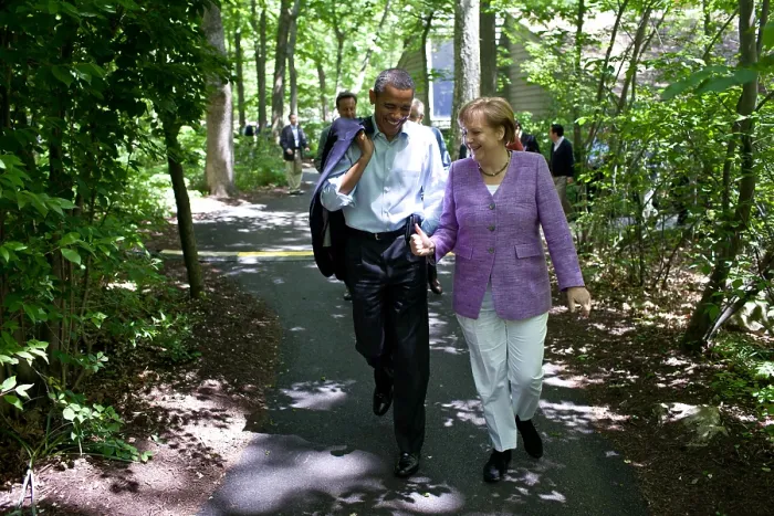 Framed Print : President Barack Obama talks with Chancellor Angela Merkel of Germany during the G8 Summit. They are walking on a path in the woods of Camp David, Maryland, May 19, 2012 Framed Print : President Barack Obama talks with Chancellor Angela Merkel of Germany during the G8 Summit. They are walking on a path in the woods of Camp David, Maryland, May 19, 2012