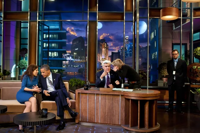 Framed Print : President Barack Obama talks with co-producer Michele Tasoff during a break in taping