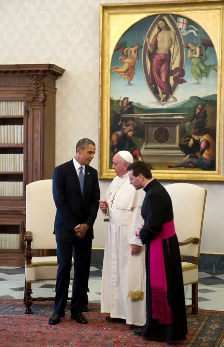 Framed Print : President Barack Obama talks with Pope Francis following a private audience at the Vatican. March 27, 2014