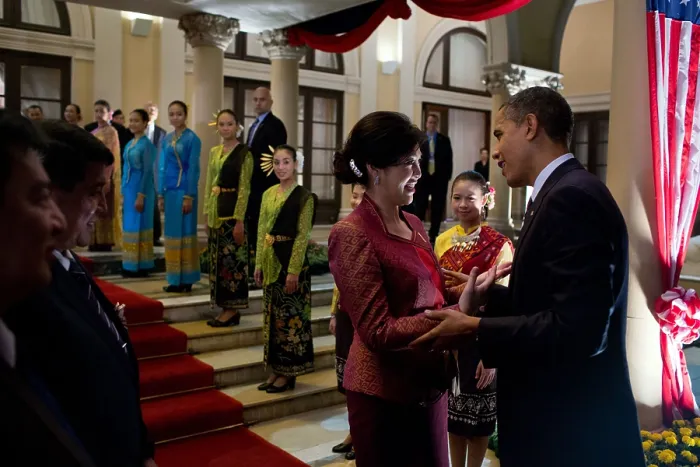 Framed Print : President Barack Obama talks with Thai Prime Minister Yingluck Shinawatra. Government House in Bangkok, Thailand, Nov. 18, 2012. (BSLOC_2015_3_209)