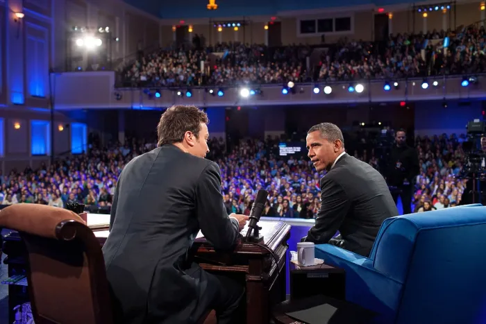 Framed Print : President Barack Obama during a taping of Late Night With Jimmy Fallon'. University of North Carolina in Chapel Hill, N.C. April 24, 2012. (BSLOC_2015_3_113)