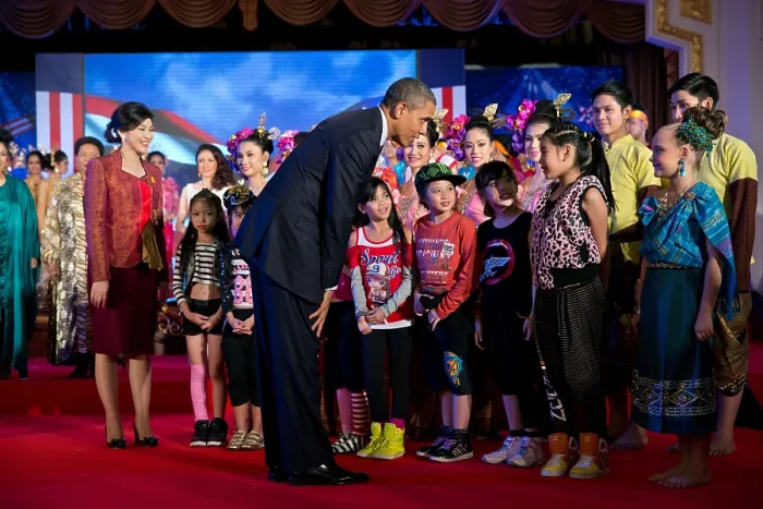 Framed Print : President Barack Obama and Thai Prime Minister Yingluck Shinawatra greets young performers. Government House in Bangkok, Thailand, Nov. 18, 2012. (BSLOC_2015_3_208)