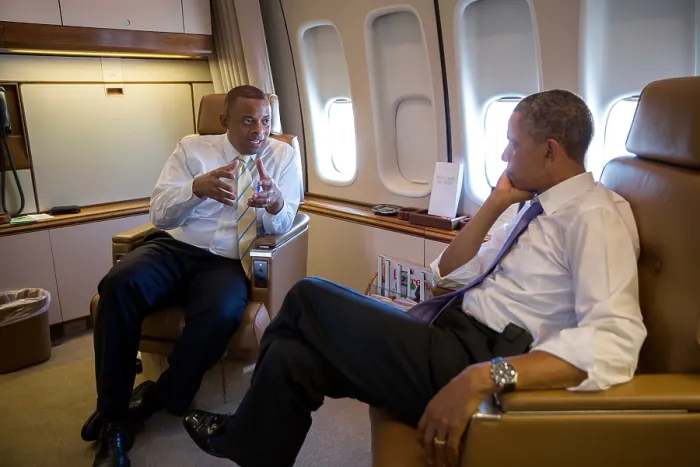 Framed Print : President Barack Obama with Transportation Sec. Anthony Foxx. They are aboard Air Force One during the flight to Jacksonville, Florida, July 25, 2013. (BSLOC_2015_13_246)