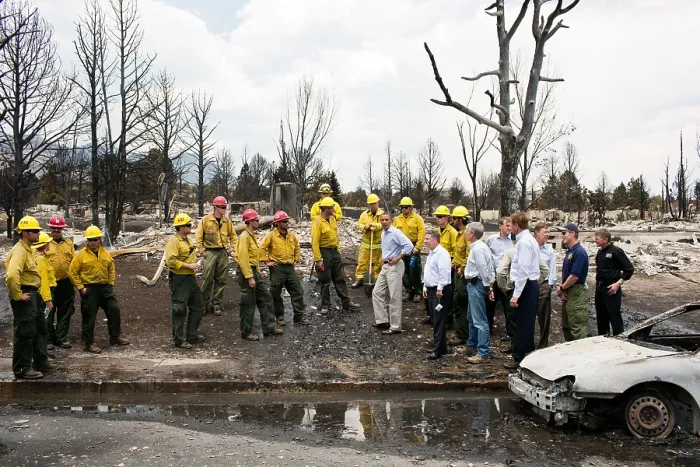 Framed Print : President Barack Obama views damage with firefighters in Colorado Springs, Colorado. June 29, 2012. (BSLOC_2015_13_166)