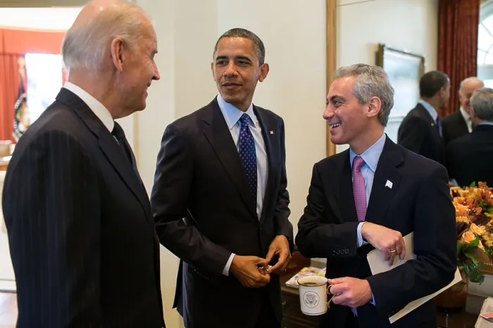 Framed Print : President Barack Obama and VP Joe Biden with newly elected Chicago Mayor Rahm Emanuel. Outer Oval Office, Nov