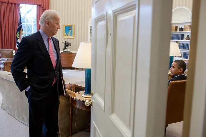 Framed Print : President Barack Obama and VP Joe Biden talk following an Oval Office meeting. March 2, 2012. (BSLOC_2015_13_238)