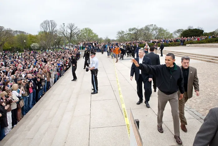 Framed Print : President Barack Obama waves to tourists at the Lincoln Memorial in Washington, D.C. April 9, 2011
