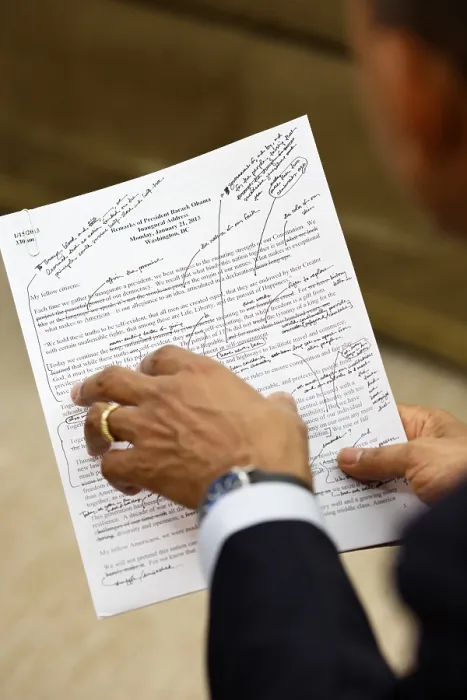 Framed Print : President Barack Obama works on his inaugural address with Jon Favreau, Dir. Of Speechwriting. Oval Office, Jan. 16, 2013. (Favreau is not pictured) (BSLOC_2015_13_142)