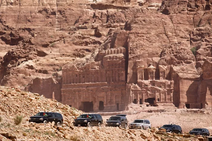 Framed Print : President Barack Obama's motorcade at the ancient city of Petra in Jordan. March 23, 2013. Established possibly in the 3rd C