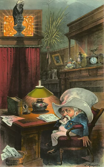 Framed Print : President Benjamin Harrison, caricatured in the big hat of his grandfather Pres. William Harrison. James Blaine is a raven perched on a bust of the first President Harrison Framed Print : President Benjamin Harrison, caricatured in the big hat of his grandfather Pres. William Harrison. James Blaine is a raven perched on a bust of the first President Harrison