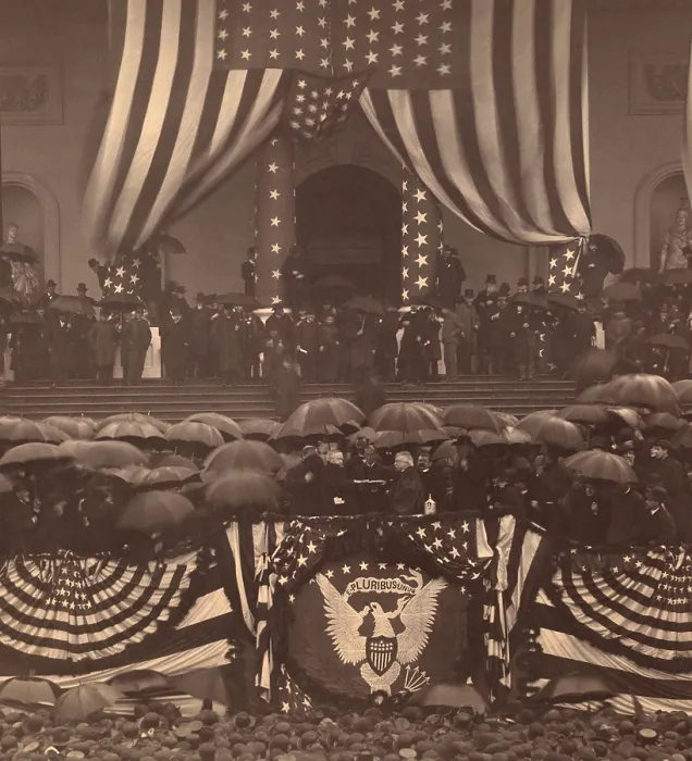 Framed Print : President Benjamin Harrison takes the oath of office in a sea of umbrellas on March 4, 1889. Chief Justice Melville W. Fuller administers