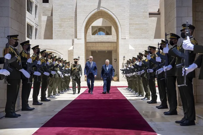 Framed Print : President Biden and Palestinian Authority President Mahmoud Abbas walk through an honor guard as the US President leaves the Palestinian Presidential Palace in Bethlehem, July 15 Framed Print : President Biden and Palestinian Authority President Mahmoud Abbas walk through an honor guard as the US President leaves the Palestinian Presidential Palace in Bethlehem, July 15