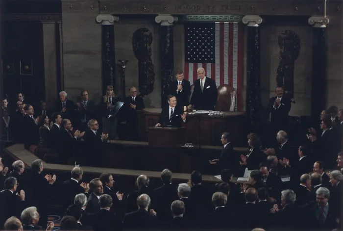 Framed Print : President Bush addresses a joint session of Congress regarding the end of the war with First Gulf War