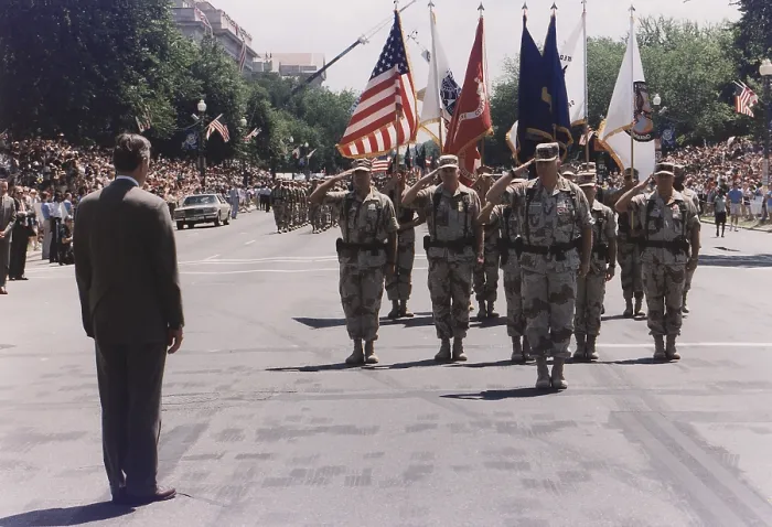 Framed Print : President Bush at a Desert Storm Homecoming Parade receives a salute from General Norman H. Schwarzkopf. Washington DC. Jul. 8 1991. (BSLOC_2011_3_87) Framed Print : President Bush at a Desert Storm Homecoming Parade receives a salute from General Norman H. Schwarzkopf. Washington DC. Jul. 8 1991. (BSLOC_2011_3_87)