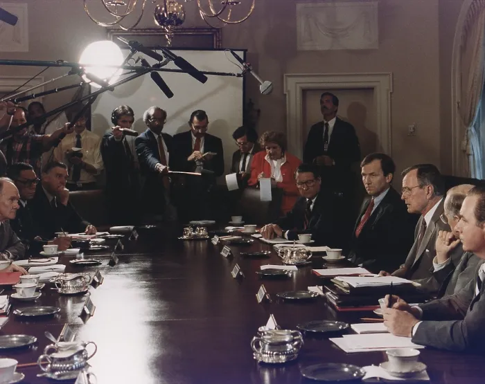 Framed Print : President Bush participates in a full National Security Council meeting regarding Iraq's invasion of Kuwait Aug 2-4 1990