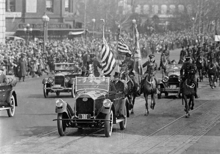 Framed Print : President Calvin Coolidge (1872-33) and others riding in a car during his inaugural parade. March 4, 1925