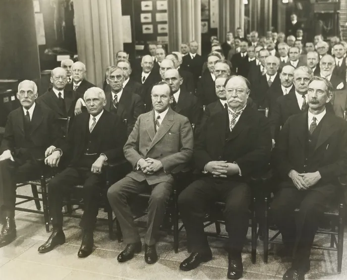 Framed Print : President Calvin Coolidge and his cabinet members at the Smithsonian Institute Board Conference. Washington, D.C. Feb. 1927. Front row, L-R: Andrew Mellon, Treas.; Frank B Framed Print : President Calvin Coolidge and his cabinet members at the Smithsonian Institute Board Conference. Washington, D.C. Feb. 1927. Front row, L-R: Andrew Mellon, Treas.; Frank B