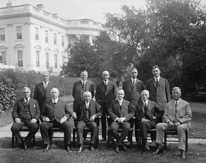 Framed Print : President Calvin Coolidge with his Cabinet, Oct. 13, 1925. Seated, L-R: Harry New, Postmaster; John Weeks, Sec. of War; Frank Kellogg, Sec