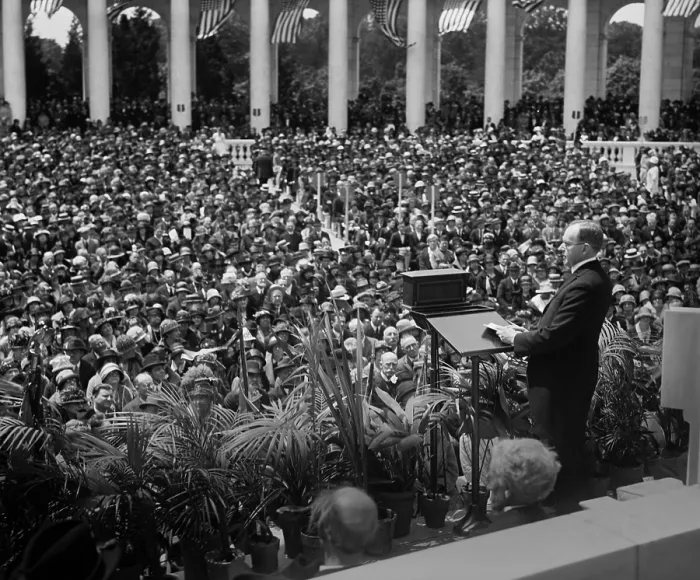Framed Print : President Calvin Coolidge delivering Memorial Address at Arlington Amphitheater. May 30, 1924. (BSLOC_2015_15_125)