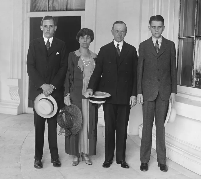 Framed Print : President Calvin Coolidge with his family at the White House, June 30, 1924. L-R: John, age 17; First Lady Grace; the President; Calvin, Jr. age 16. (BSLOC_2015_15_163)